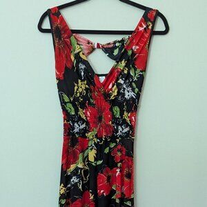 Women's Black and Red Floral Sleeveless Knee Length Dress. Size Medium.